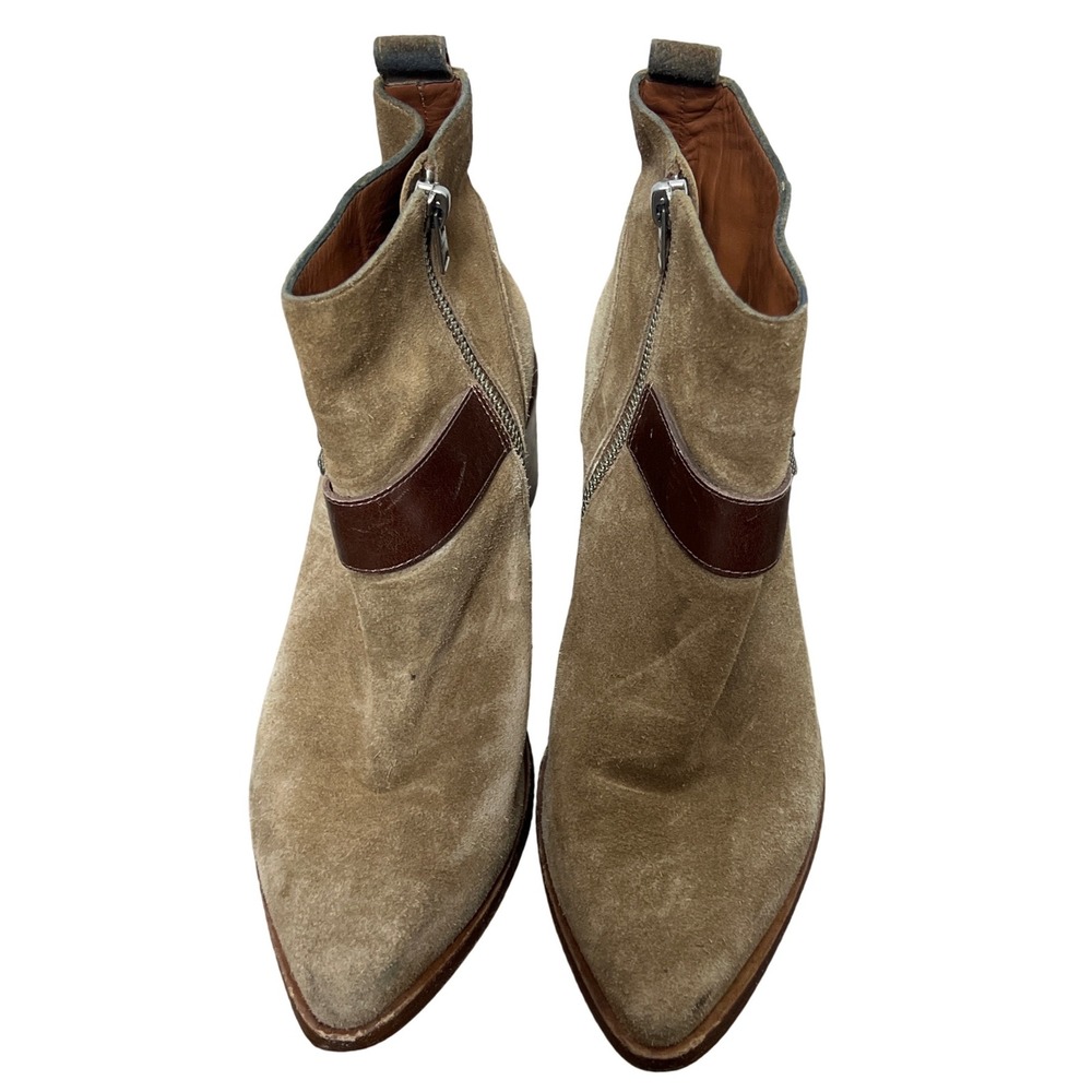 AllSaints Tan Suede Pointed Toe  Boots Brown Leather Buckle Strap 8.5‎ Chic Edgy